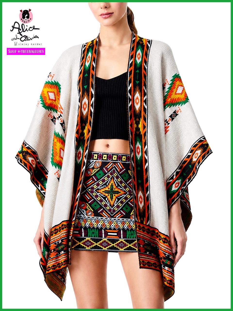 Alice + Olivia Kamala Boho Print Jacquard Poncho Sweater Shawl